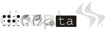  The word Dicapta with 2 letters in braille, 3 more in sign language, and last 2 in white over black background.