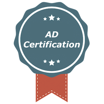A round blue badge with the phrase "AD Certification.”  An orange ribbon hangs from the badge