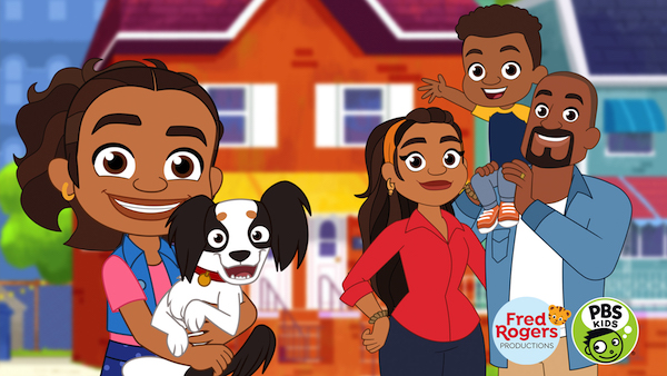 Animated image. Alma stands in front of her house. She holds and hugs a small white dog with brown ears. Her mother and father stand next to her. Her father carries Alma’s little brother on his shoulder.  Alma and her family have tan skin and brown hair and eyes.