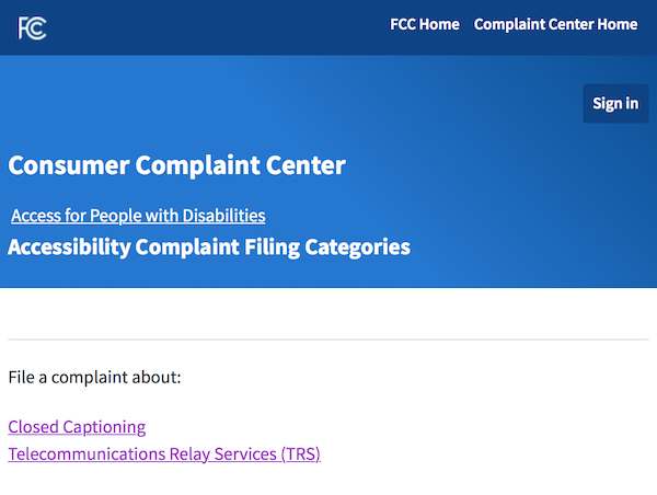 Pagina web de la FCC. Título: Consumer Complaint Center.