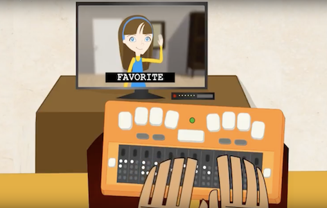 Dibujos animados. Subtítulo en televisión: "Favorite". Frente al tv una pantalla braille.