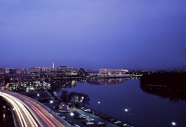 Landscape at sundown. View of Potomac river. The Kennedy Center stands next to the river.