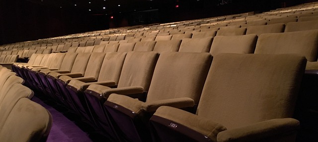 Varias filas de sillas de un teatro Iluminadas tenuemente
