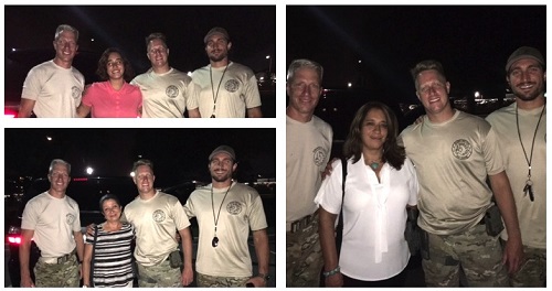 3-pictures collage: Outdoors at night, 3 members of the SWAT team pose smiling with a lady in each  pictures. The ladies are Juliana Olarte, Amanda Cadena and María Diaz-our CEO.