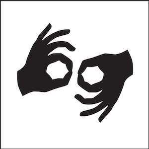 Símbolo de lengua de señas. Silueta negra de 2 manos enfrentadas sobre fondo blanco.
