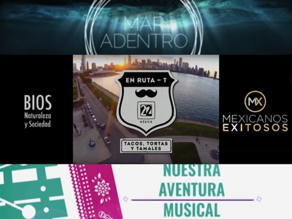 Collage con imágenes de En ruta t, Bios naturaleza y sociedad, Nuestra aventura musical, Mar adentro y Mexicanos exitosos..