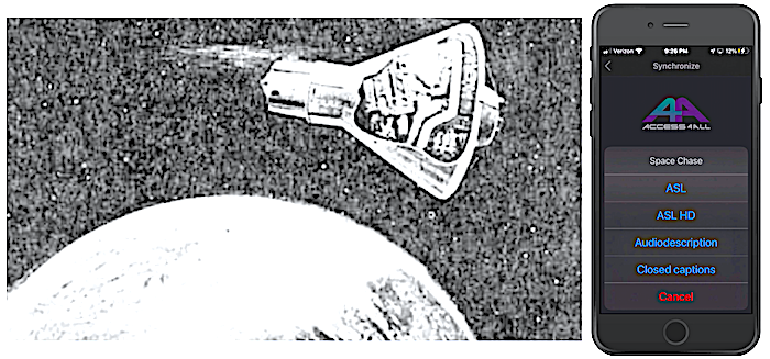 A la izquierda, dibujo de un vehículo espacial flotando sobre la Tierra. El vehículo tiene forma de cono y un astronauta está sentado dentro. A la derecha, un teléfono con la aplicación Access4All abierta. Muestra un menú con las opciones ASL, Audiodescription y Closed Caption.