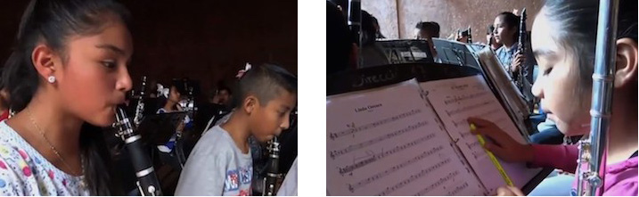 collage de fotos de niños tocando clarinete y niña leyendo partitura