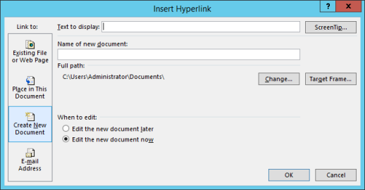 An Insert Hyperlink window in Word. The window includes several formatting options.
