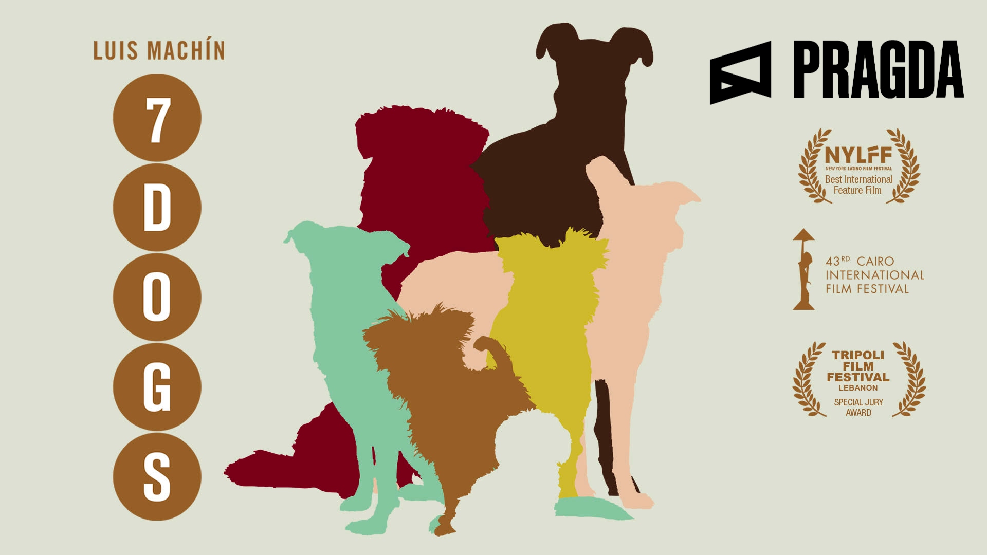 Seven stylized dogs in a poster