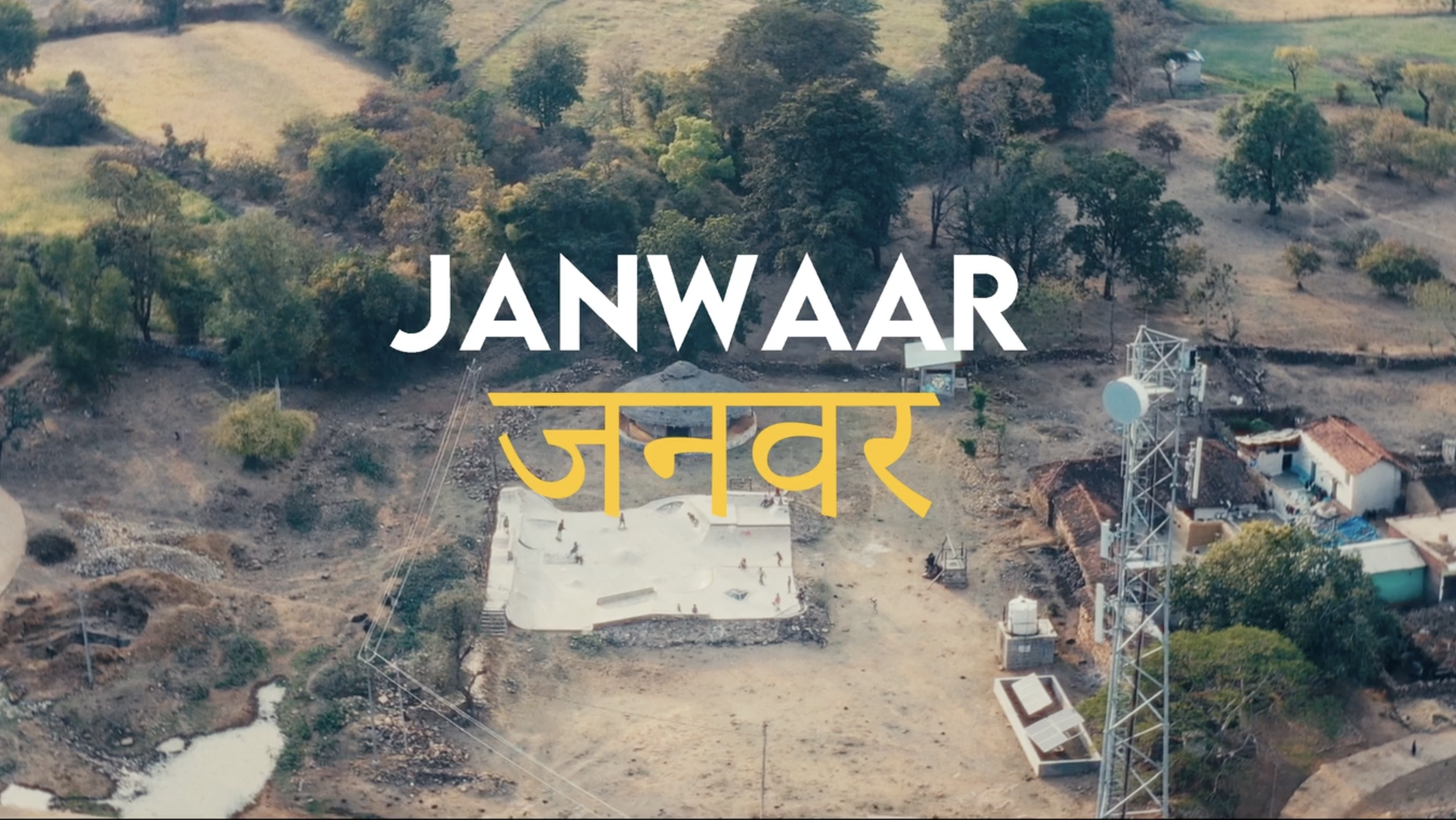 Aerial view of a rectangular skateboarding ring in the countryside surrounded by dirt. Trees, a few houses and a tower with an antenna nearby. Title: "Janwaar," underneath appears the title in Hindi characters.
