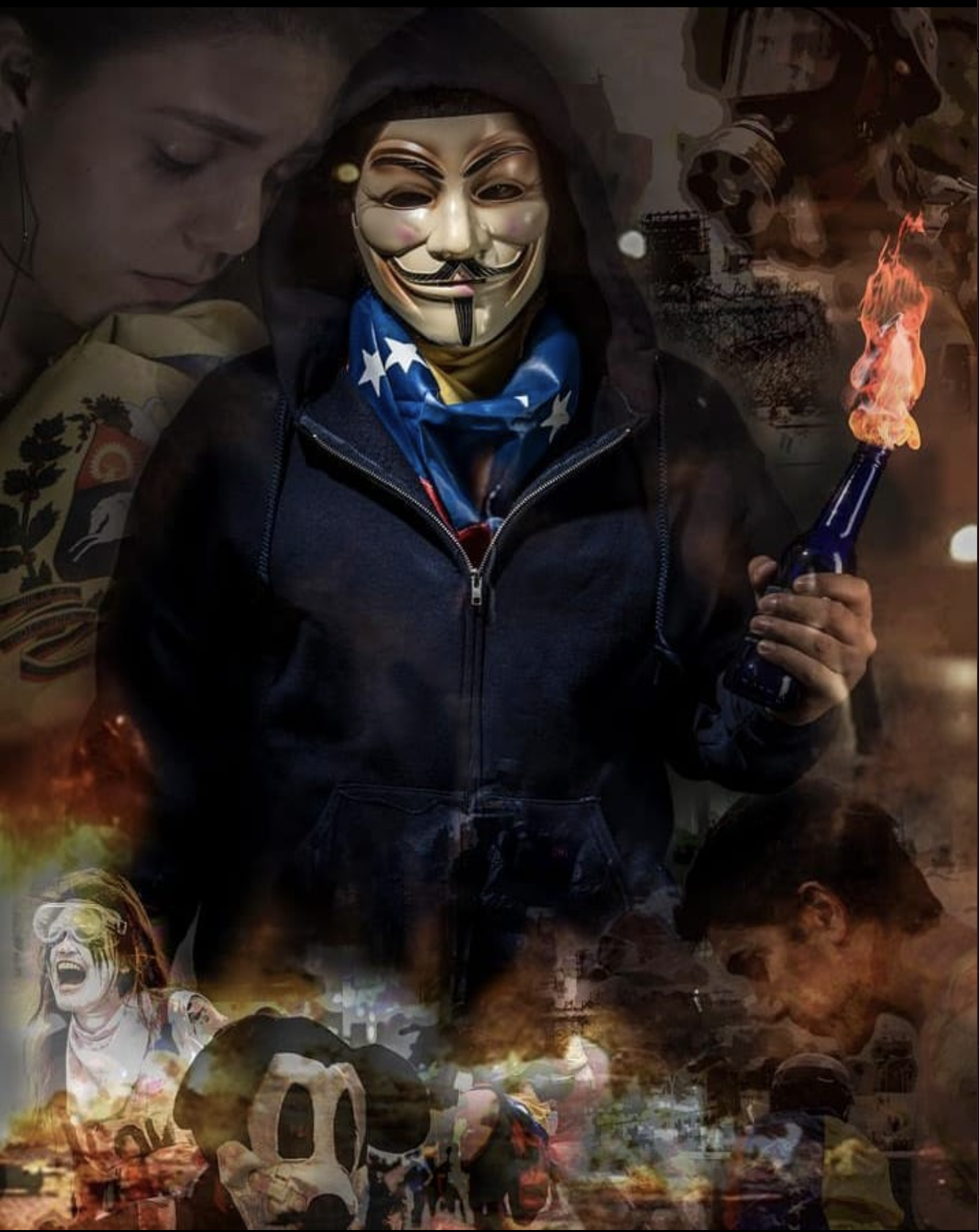 a man with an anonymous mask holds a molotov cocktail. In the background there are various pictures of protesters. 