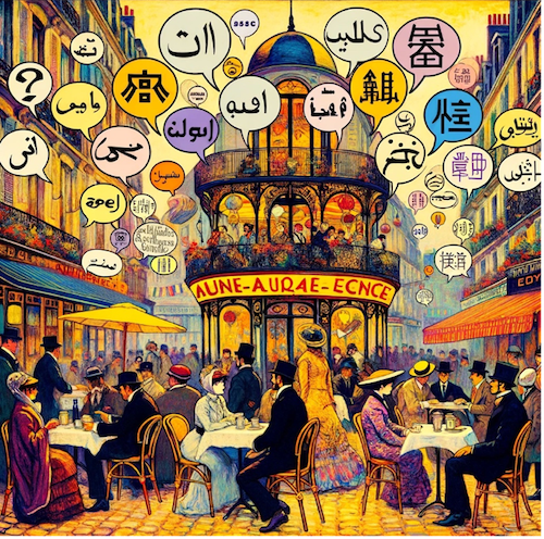 Image in the style of Henri de Toulouse-Lautrec. Vibrant, lively Parisian Cafe scene, filled with people from different parts of the world, engaging in conversations. Their diverse languages are symbolized through floating text bubbles in various scripts. Their cultural backgrounds are hinted at through traditional clothing, accessories, and items on the tables.