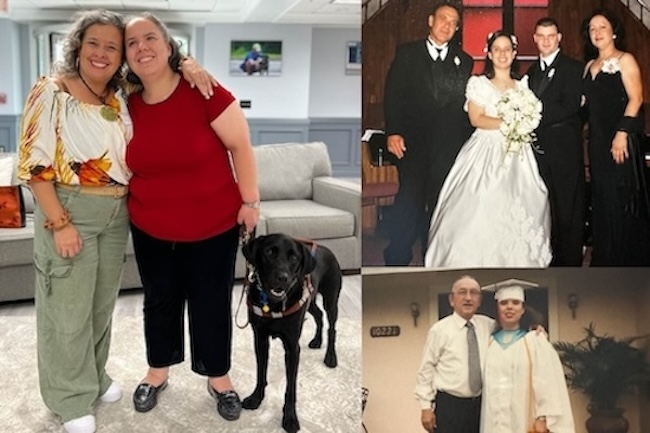 Collage of 3 pictures. Carol Colmenares and Judy smile and stand with guide dog Lyons beside Judy. Judy, her husband, and her parents on her wedding day. Judy in a white graduation gown with her dad.