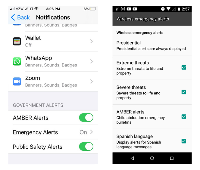 Screenshots showing alerts configuration on iPhone and Android Phones.