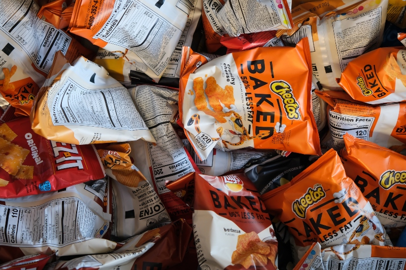 a bunch of junk food bags